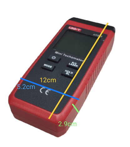 UNI-T Mini Non Contact Tachometer UT373 handheld device in red and black with digital display and control buttons