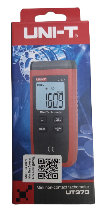 UNI-T Mini Non Contact Tachometer UT373 device in black and red for RPM measurement