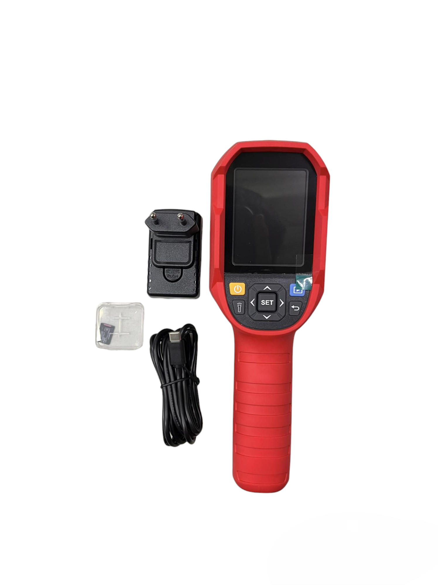 UNI-T Professional Thermal Imager UTi85A with red handle, display screen, charger, and USB cable