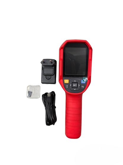 UNI-T Professional Thermal Imager UTi85A with red handle, display screen, charger, and USB cable