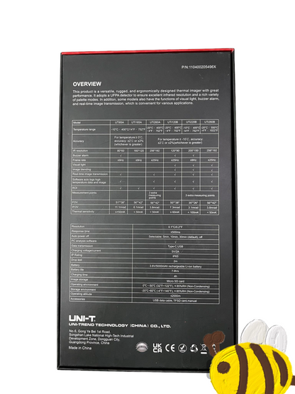 Back packaging of UNI-T Professional Thermal Imager UTi85A showing product specifications and features
