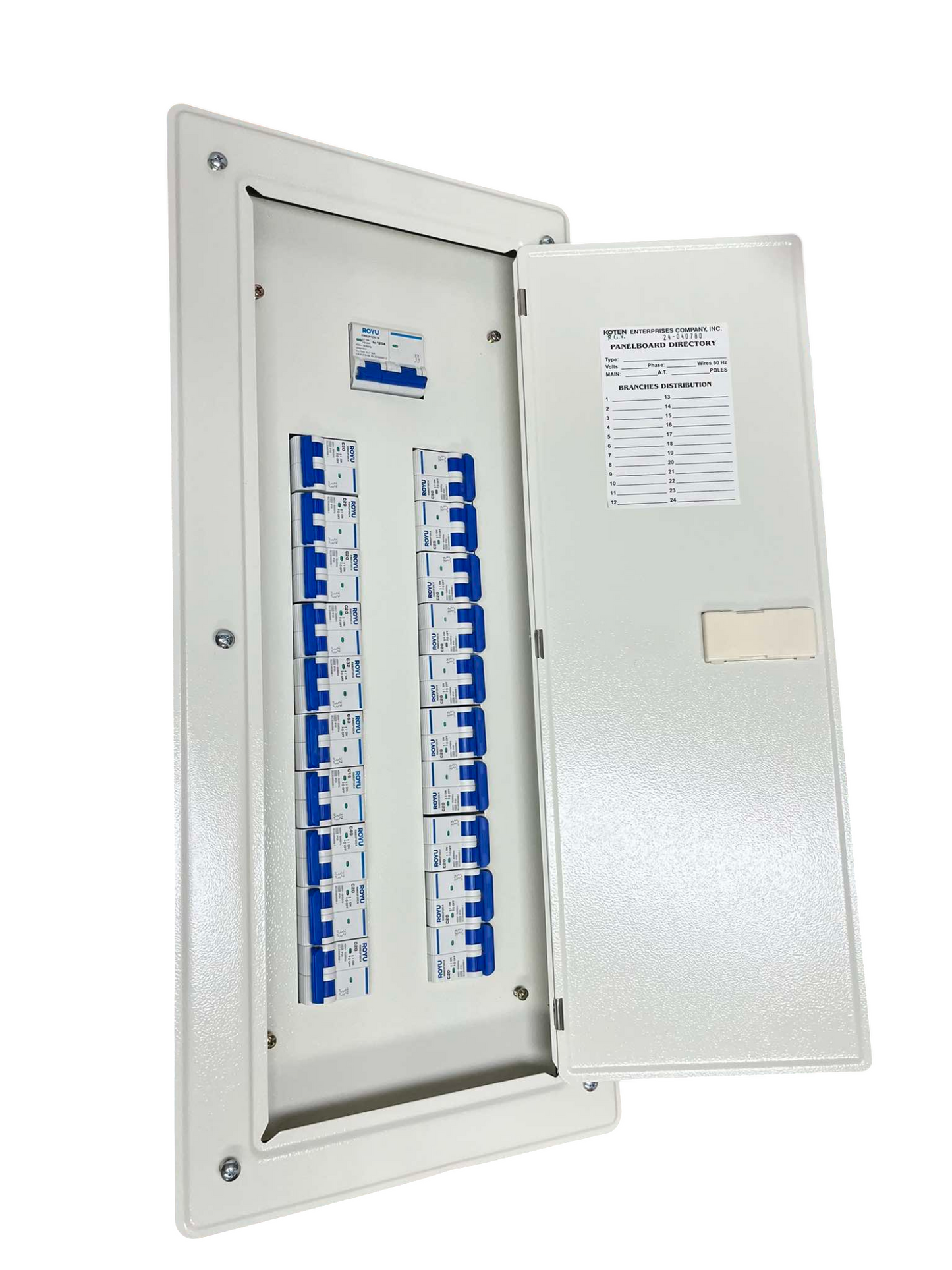 Royu Koten 2 pole miniature circuit breaker panel with multiple breakers and open white cover