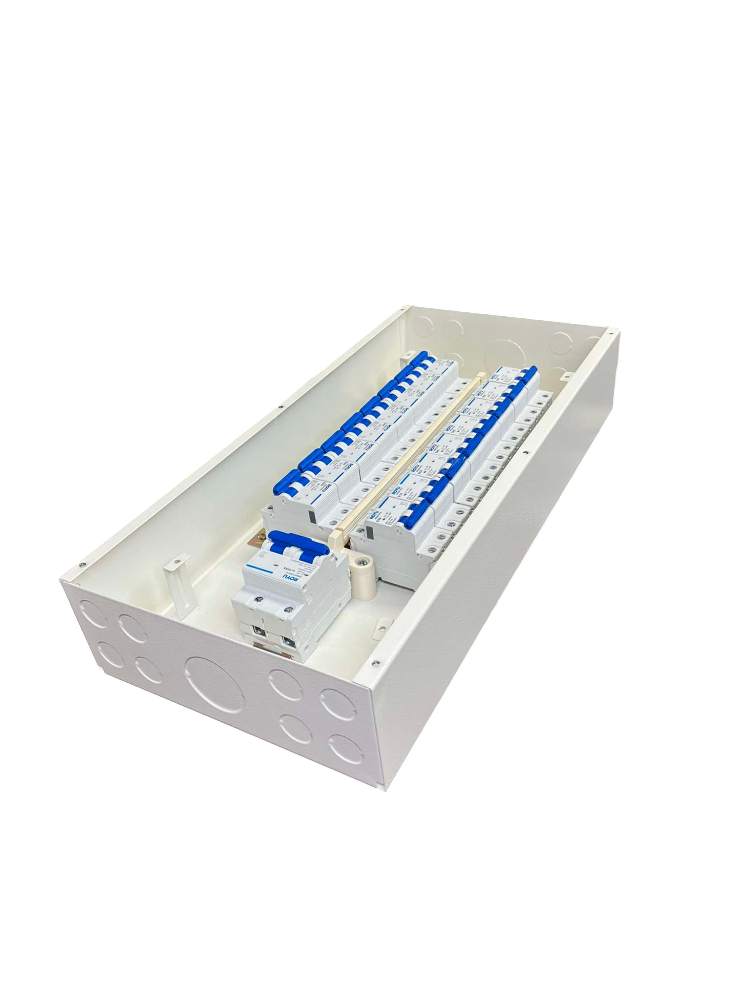 Royu & Koten 2 pole miniature circuit breaker panel with multiple breakers in a white metal enclosure