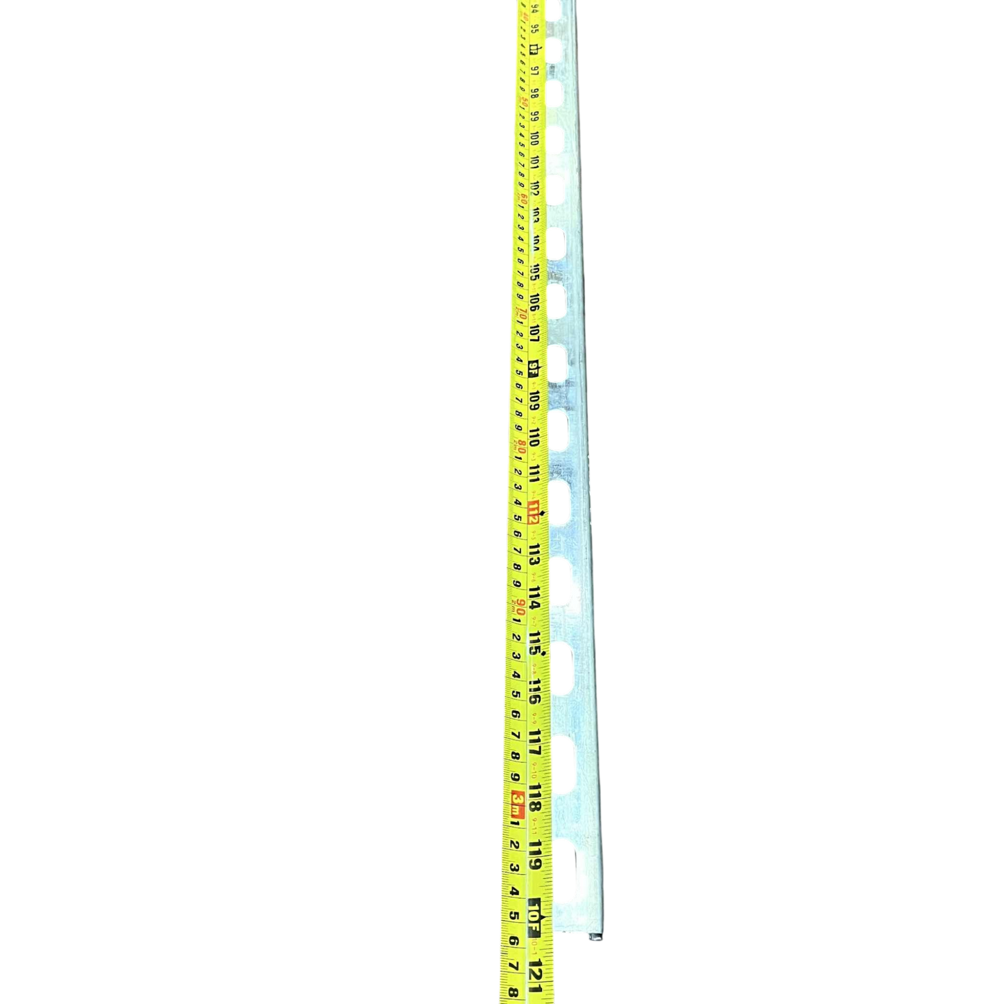 Unistrut Channel Half Sloted 41mm galvanized steel slotted strut with measuring tape on black background