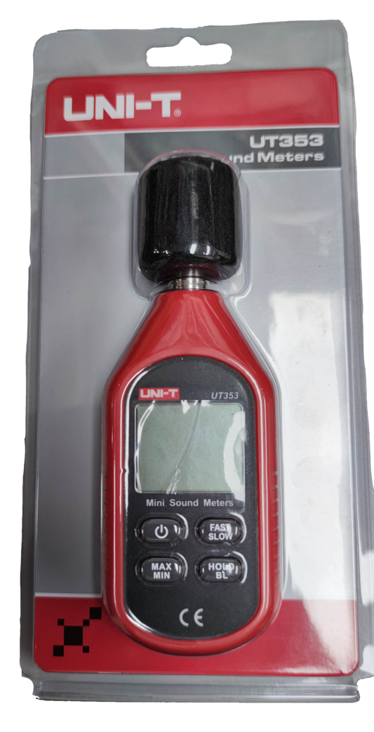 UNI-T Decibel Meter Reading UT353 in red and black handheld sound level meter for noise measurement