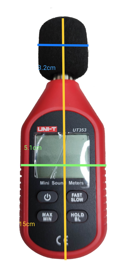 UNI-T Decibel Meter Reading UT353 in red with digital display and control buttons