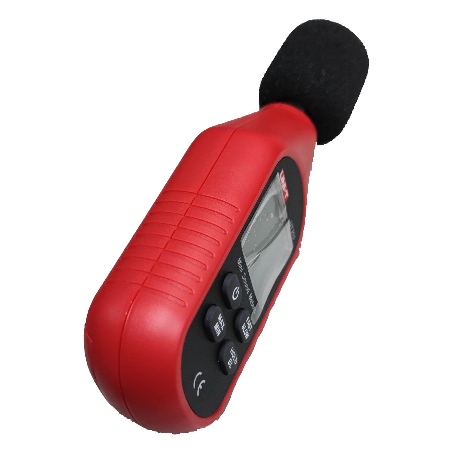 UNI-T Decibel Meter Reading UT353 in red with a microphone and digital display for sound measurements