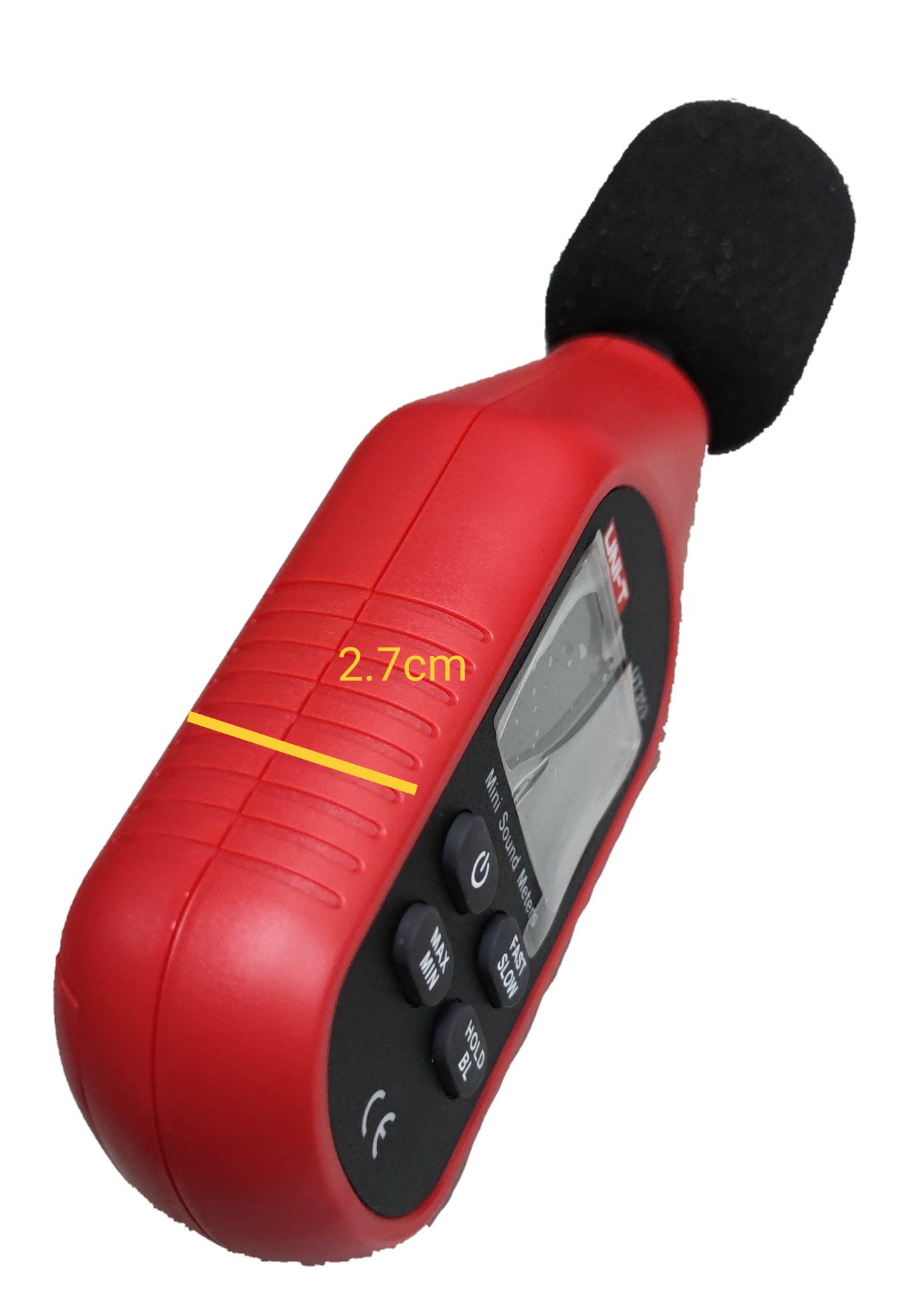 UNI-T red Decibel Meter Reading UT353 with digital display and black foam microphone cover