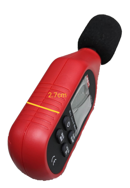 UNI-T red Decibel Meter Reading UT353 with digital display and black foam microphone cover