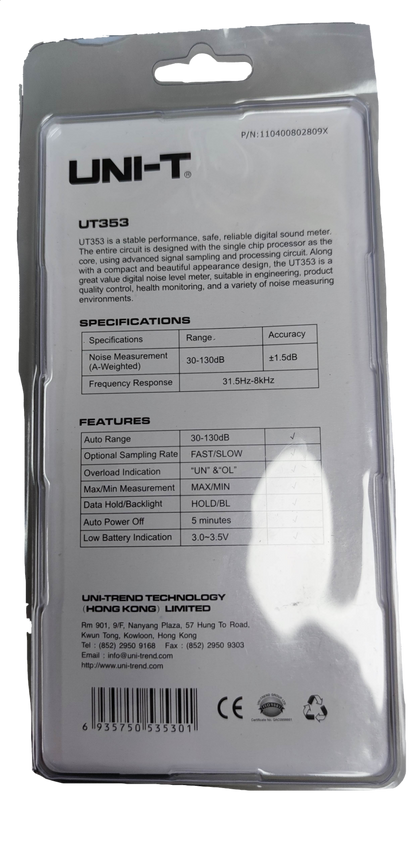 UNI-T Decibel Meter Reading UT353 digital sound meter packaging with specifications and features