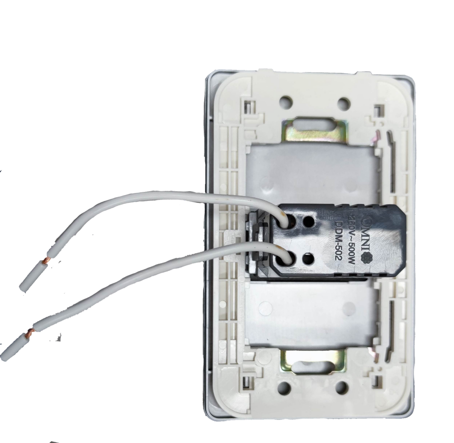 Omni 1 Gang 500W Dimmer Switch 220V back view showing white wires and mounting plate