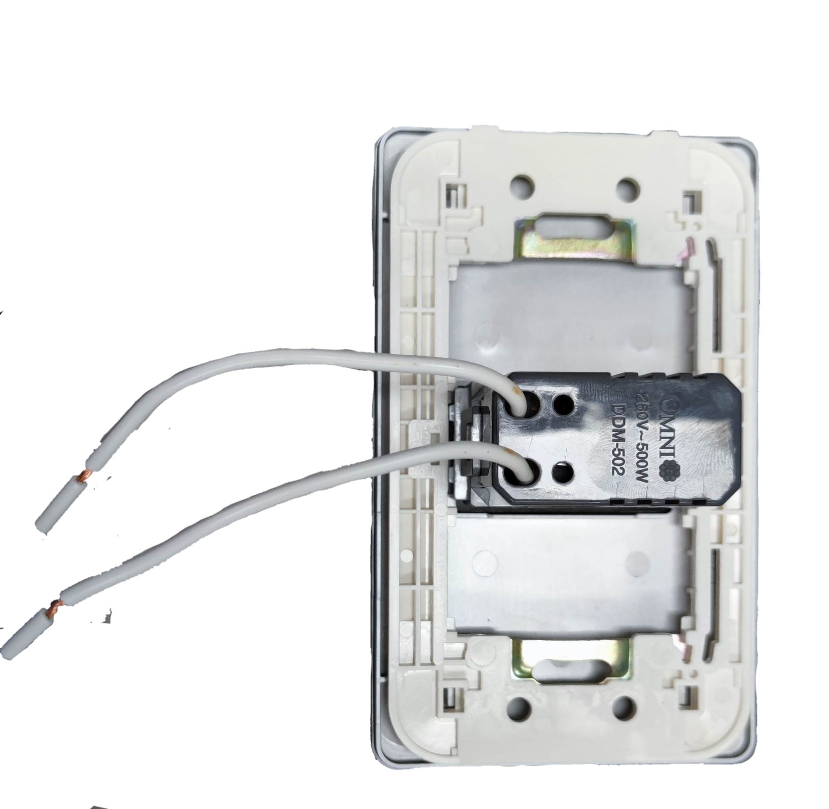 Omni 1 Gang 500W Dimmer Switch 220V back view showing white wires and mounting plate