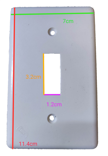 White plastic Eagle 1 Gang Device Plate Cover Vertical with rectangular switch slot two screw holes and dimensions marked