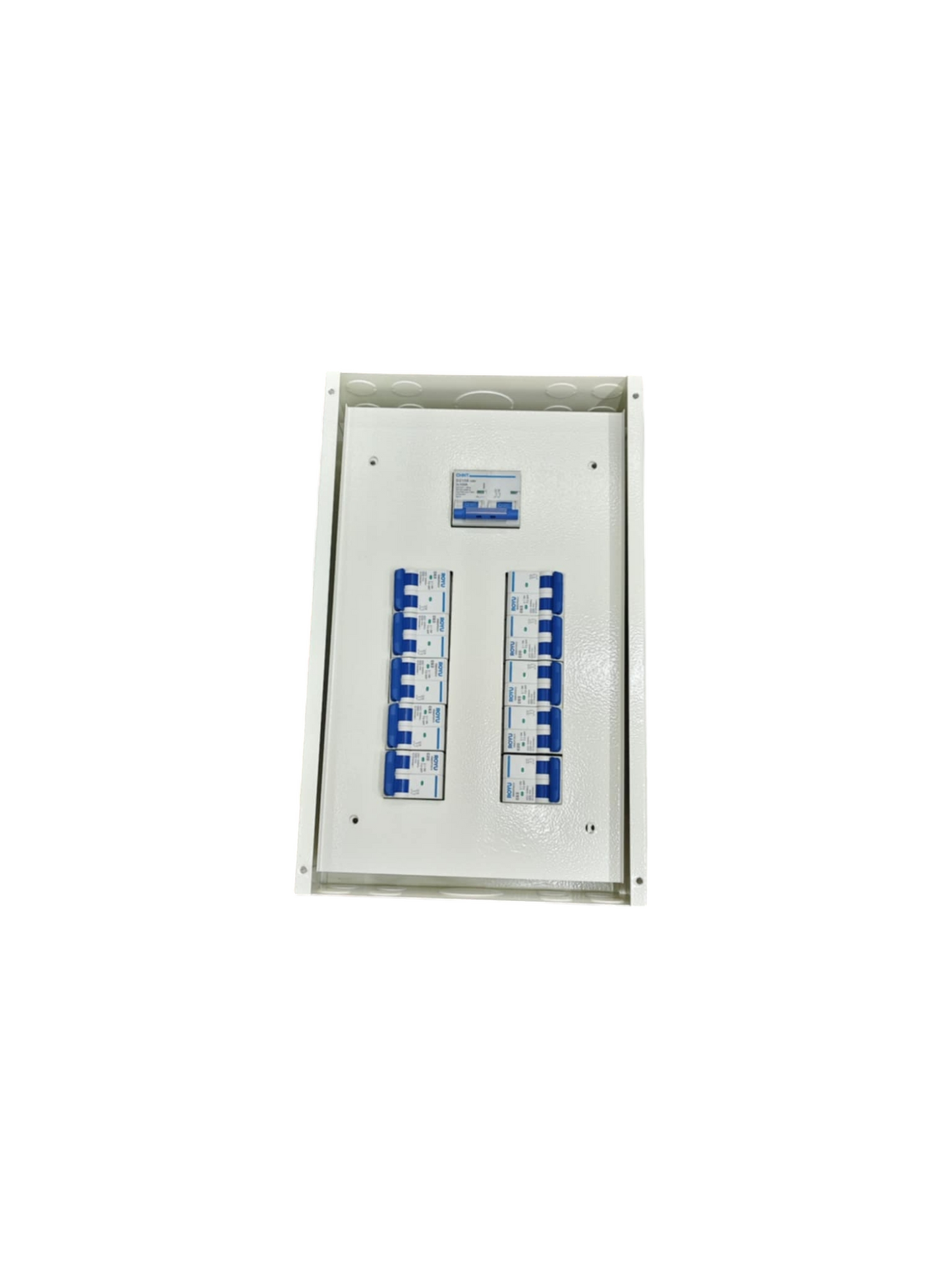 10 Branches Panel Board with 125A Main 2P. White metal distribution box with two rows of blue breakers by Chint Koten Royu