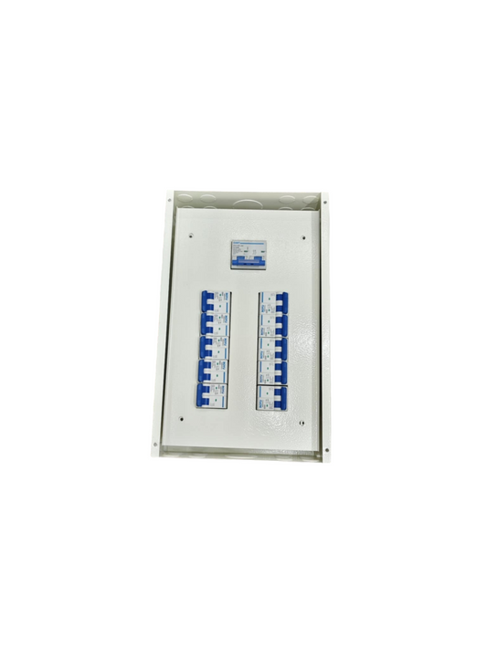 10 Branches Panel Board with 125A Main 2P. White metal distribution box with two rows of blue breakers by Chint Koten Royu