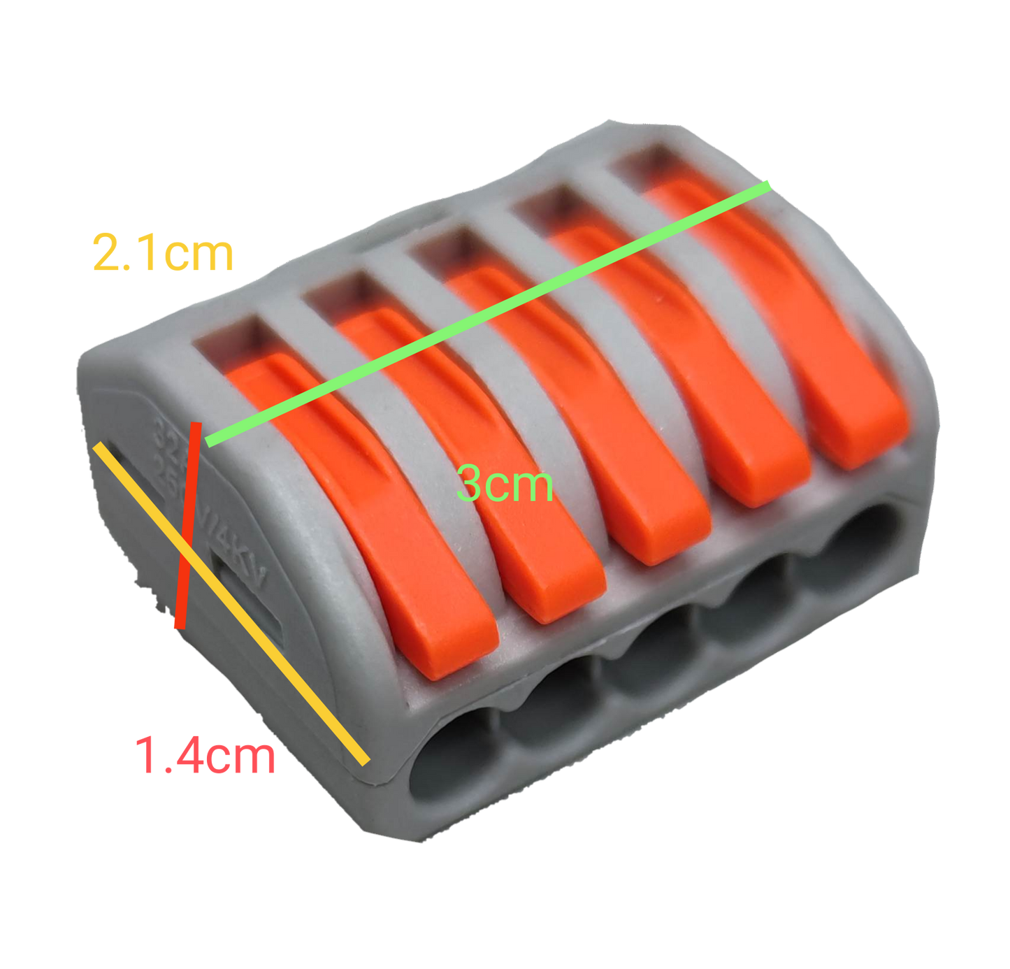 China made 32A 250V electrical connector with six orange levers and gray body for wiring