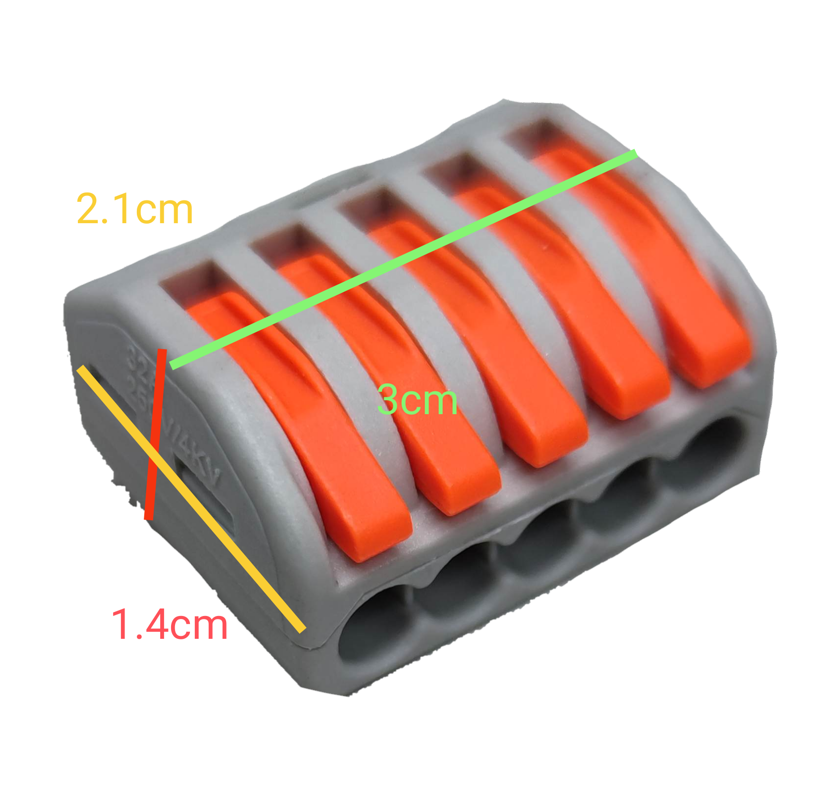 China made 32A 250V electrical connector with six orange levers and gray body for wiring