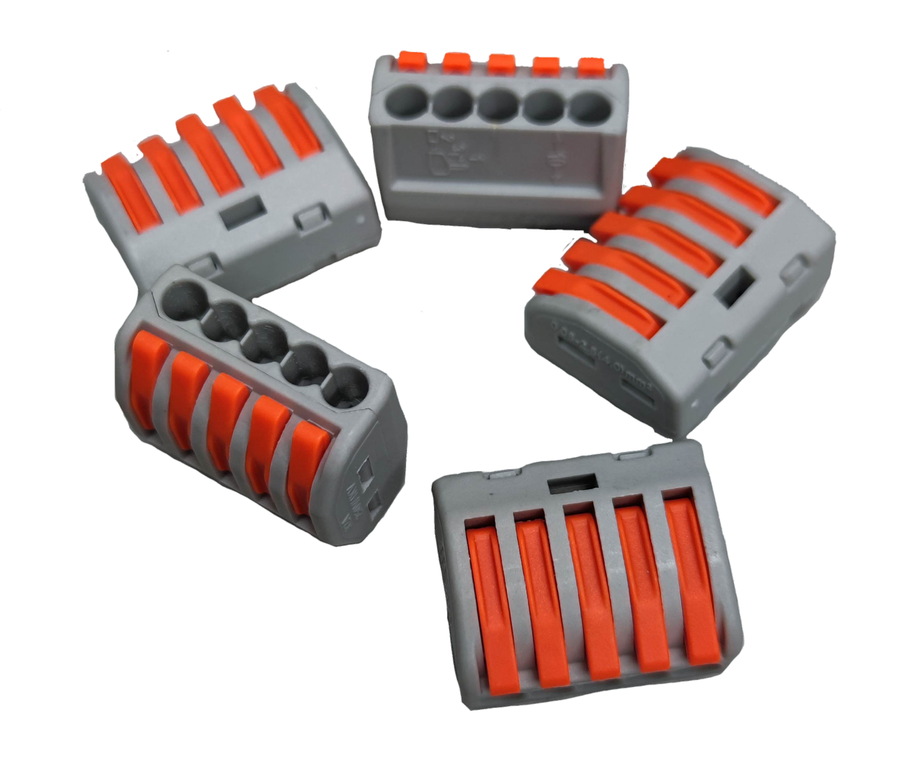 Set of 32A 250V electrical connector with orange levers for secure wire connections in electrical circuitry