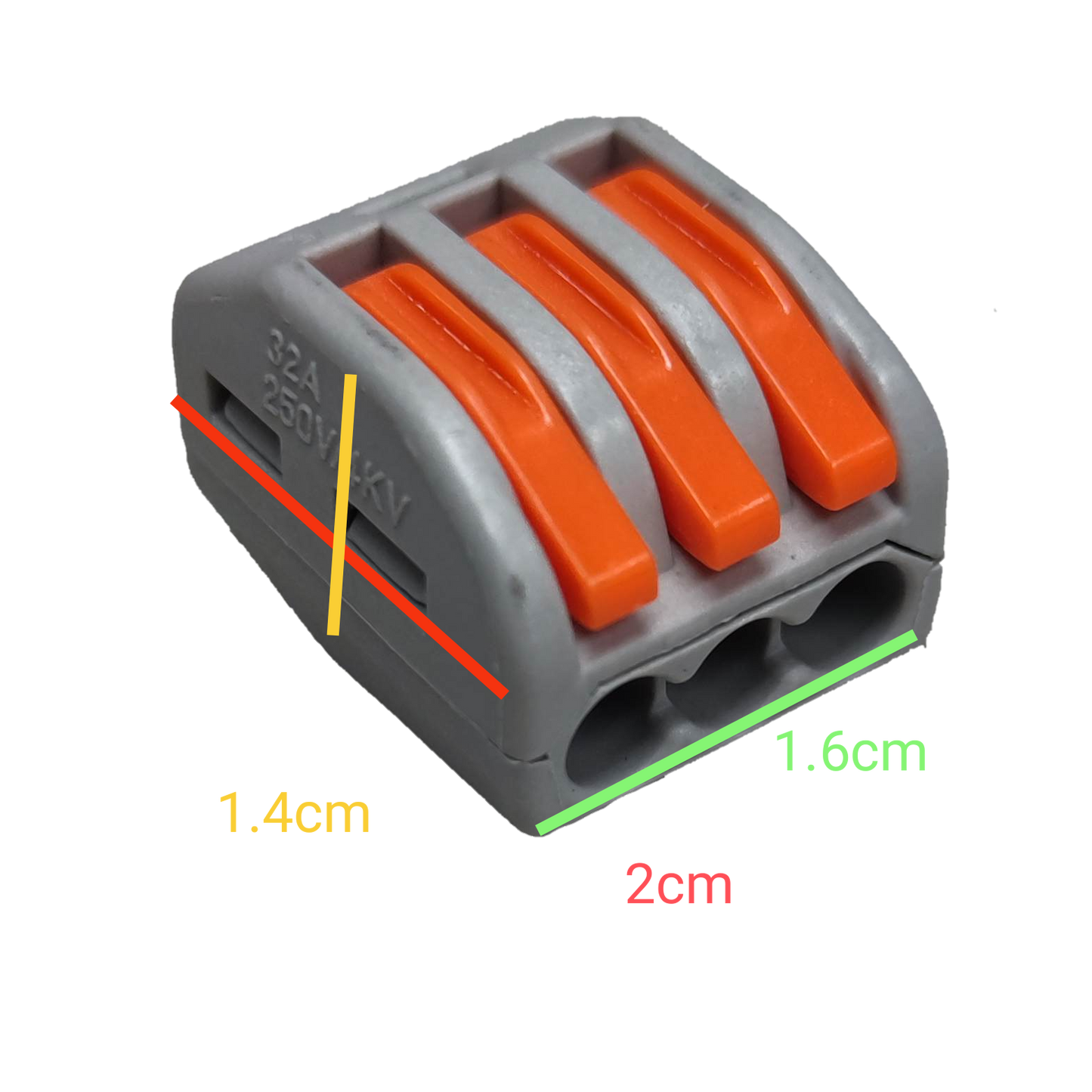 32A 250V wire terminal block with three orange levers and gray body for electrical connections