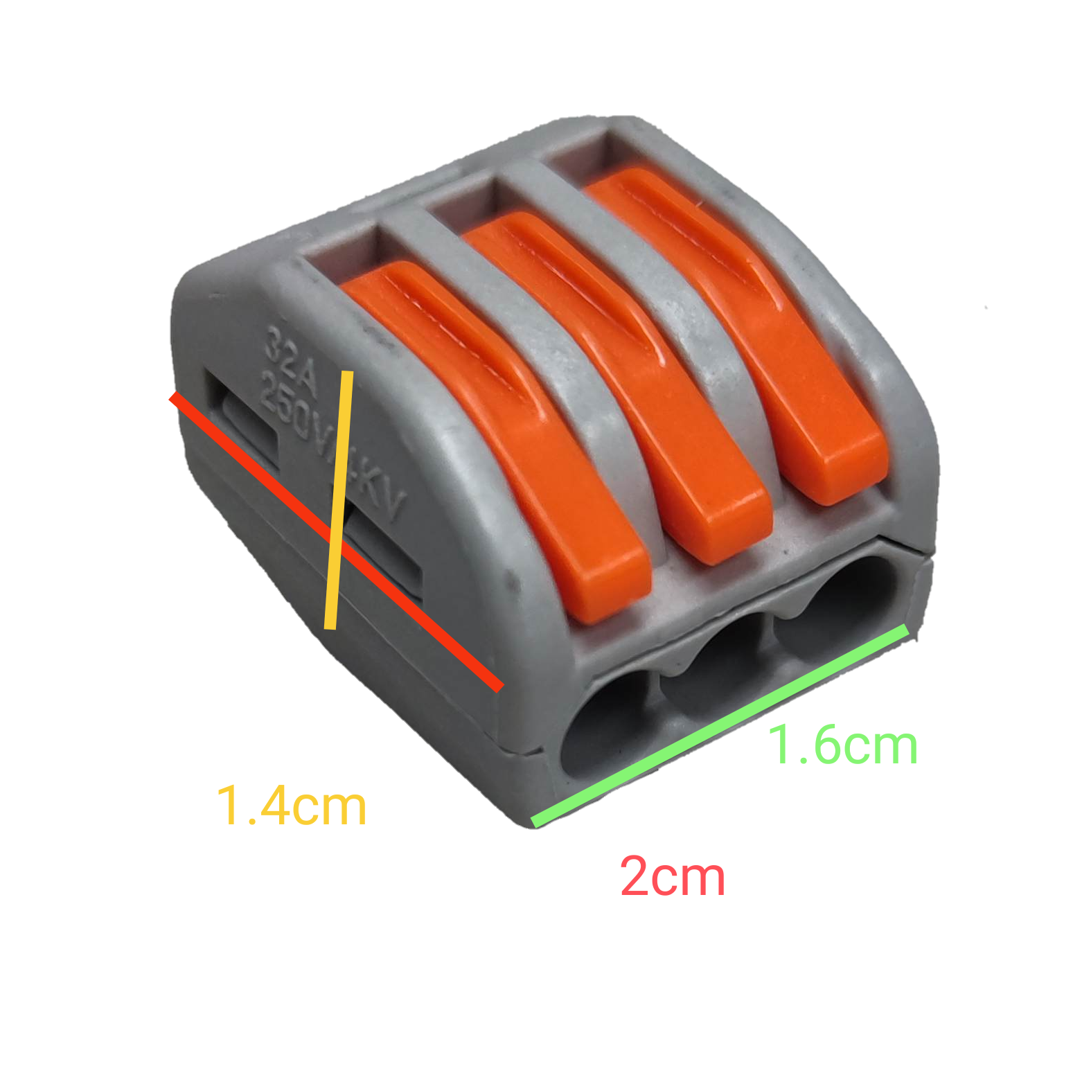32A 250V wire terminal block with three orange levers and gray body for electrical connections