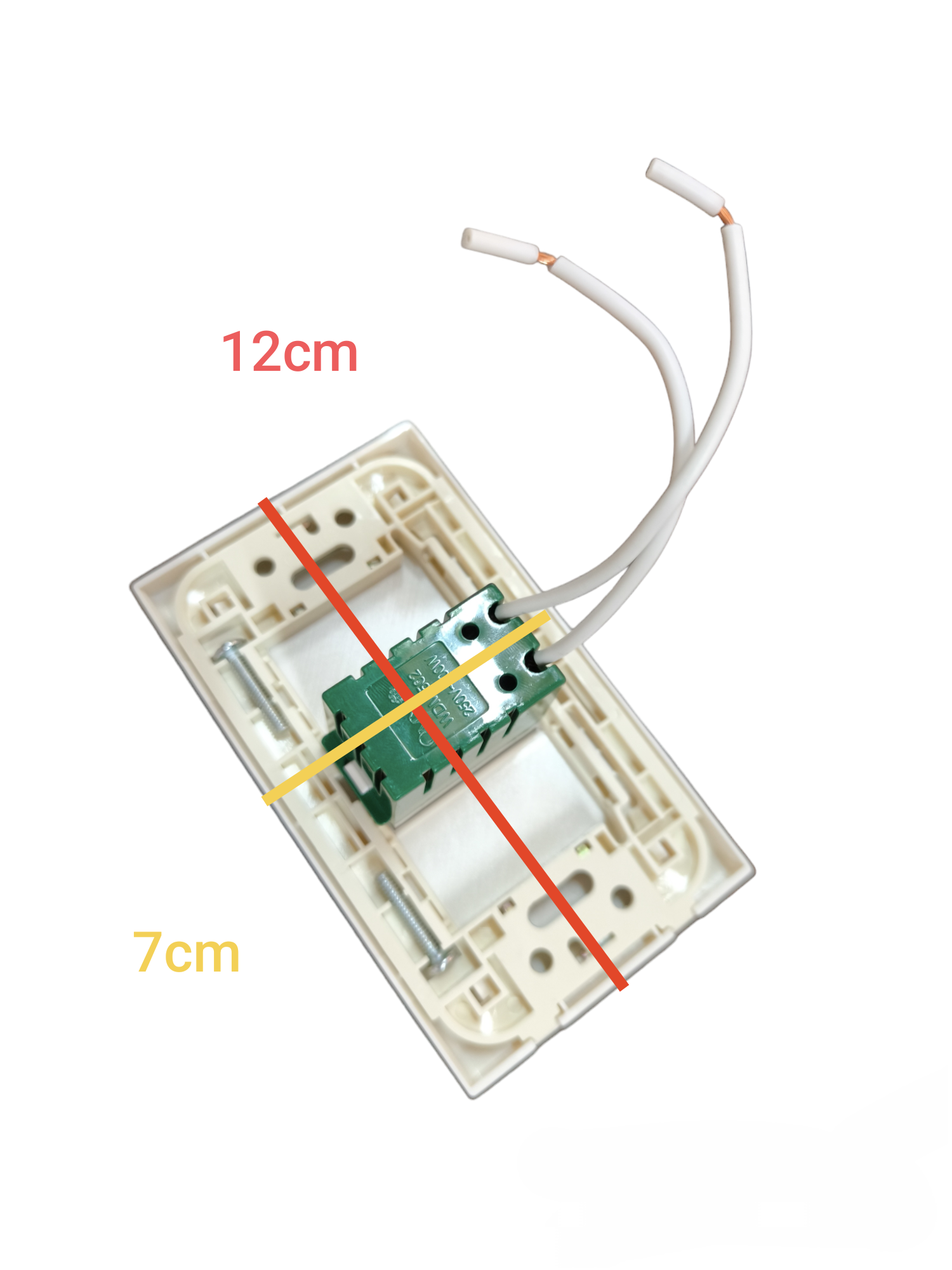 Omni 500W Dimmer Switch with Plate Cover. White rectangular wall plate with green dimmer module and wiring