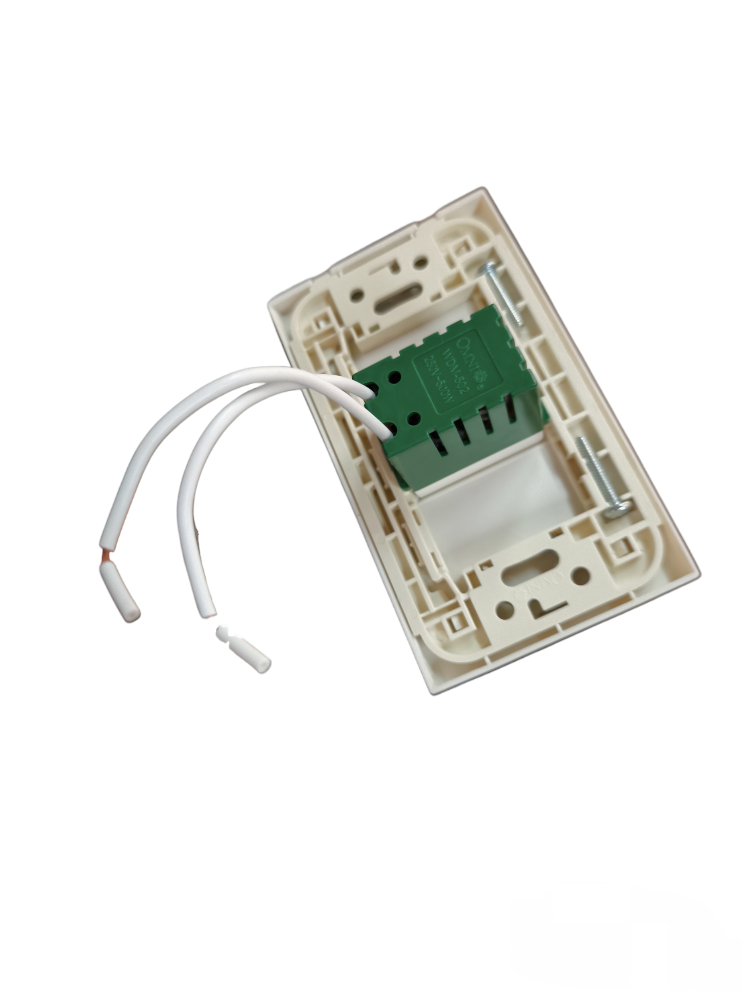 Omni 500W Dimmer Switch with Plate Cover. White wall plate with green dimmer module and two stripped wires