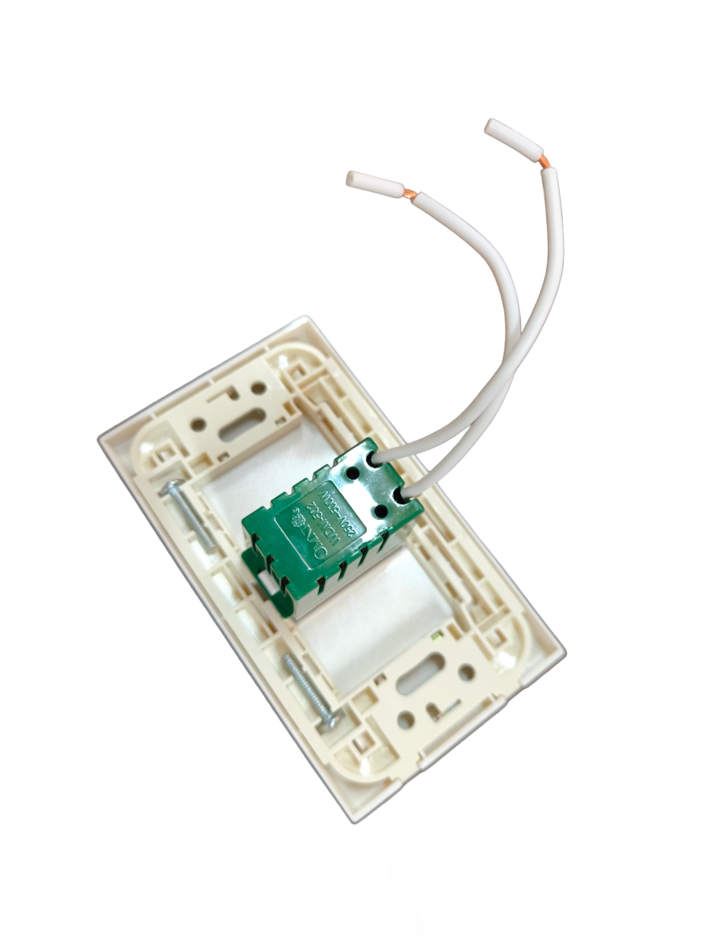 Omni 500W Dimmer Switch with Plate Cover white wall plate showing green module and three wires