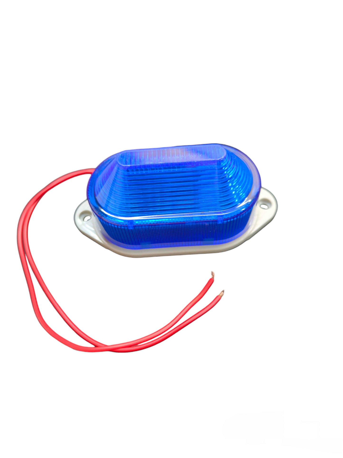 Denko Blue LED Warning Light 12V DC compact oval work safety light with mounting holes and red wires