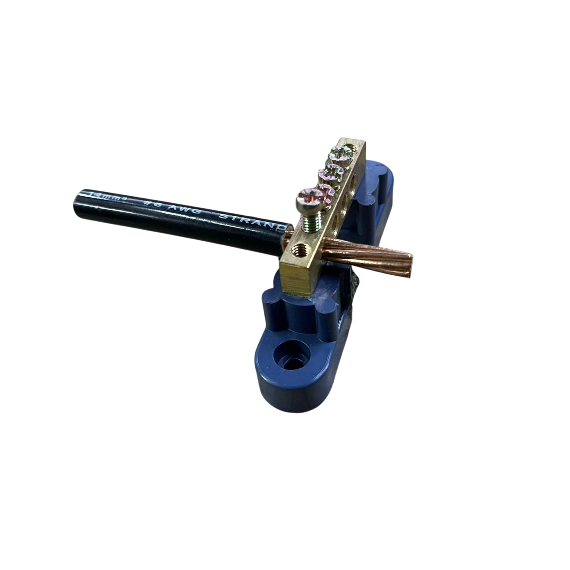 Grippes brass bus bar mounted on blue insulator with black insulated cable and copper conductor Bus Bars 4 Holes 6x9