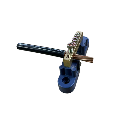 Grippes brass bus bar mounted on blue insulator with black insulated cable and copper conductor Bus Bars 4 Holes 6x9