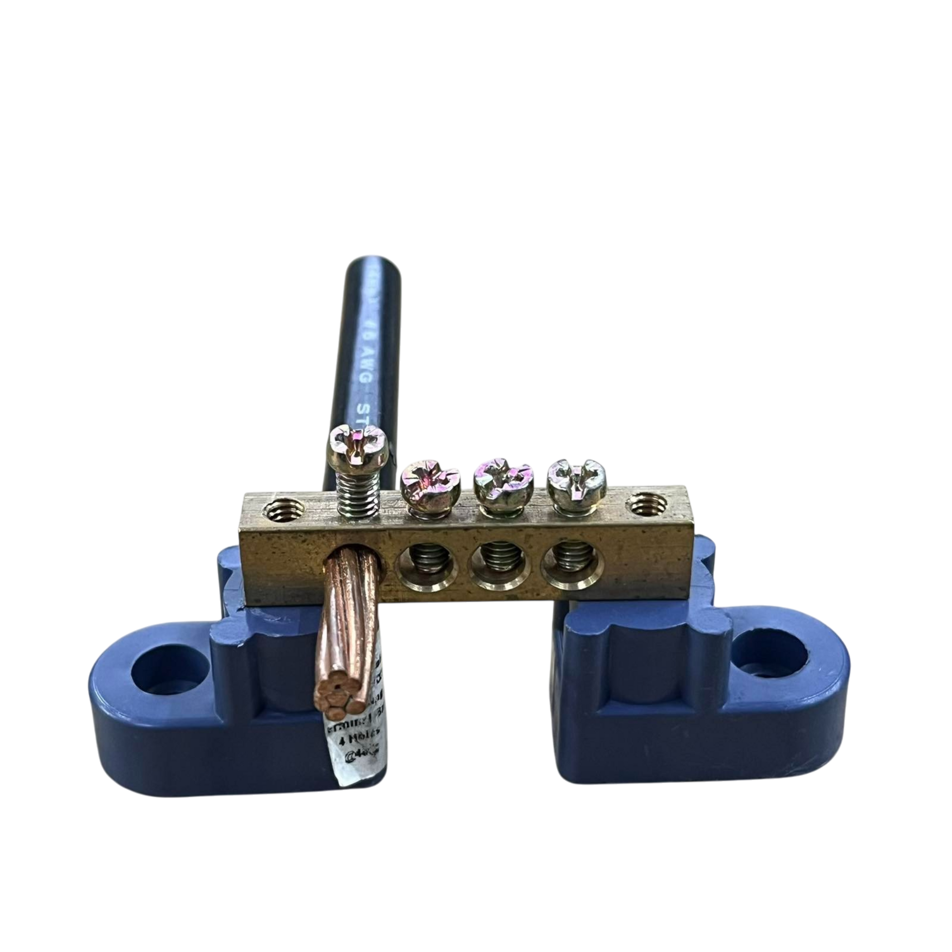 Grippes Bus Bars 4 Holes 6x9 brass terminal block with screws and copper cable on blue insulated mounts