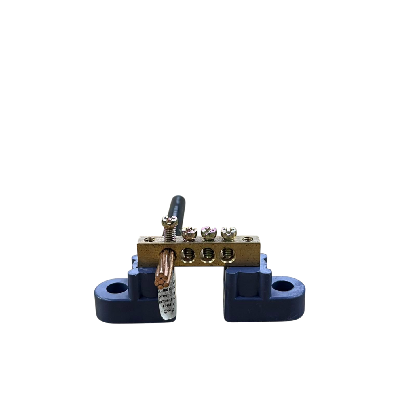 Grippes Bus Bars 4 Holes 6x9 brass electrical bus bar with four terminals mounted on blue insulators