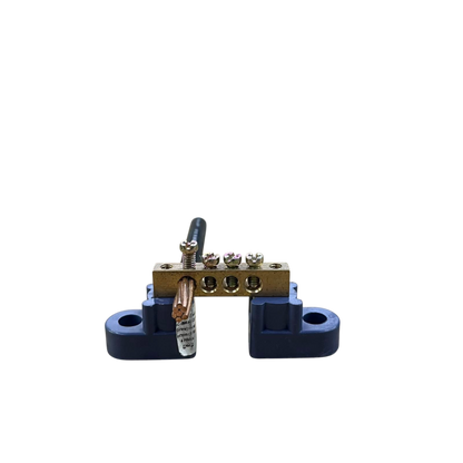 Grippes Bus Bars 4 Holes 6x9 brass electrical bus bar with four terminals mounted on blue insulators