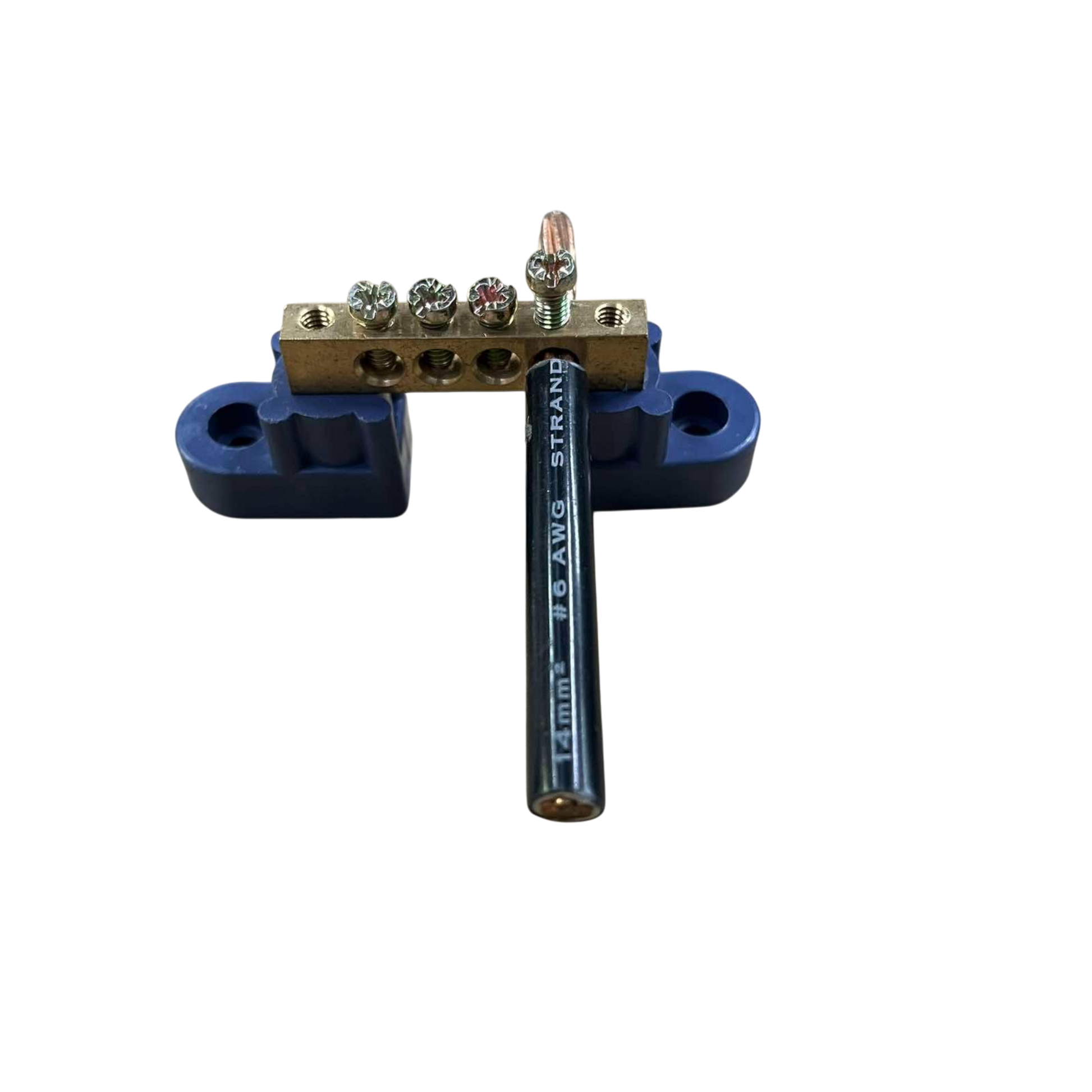 Grippes Bus Bars 4 Holes 6x9 brass terminal strip on blue insulator with 10 AWG cable lug