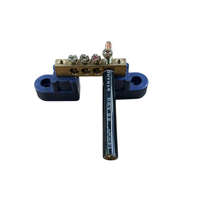 Grippes Bus Bars 4 Holes 6x9 brass terminal strip on blue insulator with 10 AWG cable lug