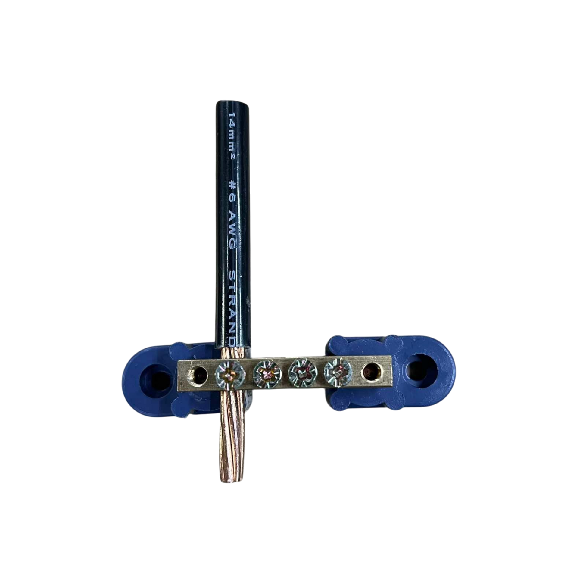 Grippes Bus Bars 4 Holes 6x9 brass terminal strip with blue insulated mounts and four screw connections