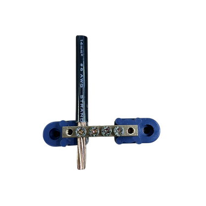 Grippes Bus Bars 4 Holes 6x9 brass terminal strip with blue insulated mounts and four screw connections