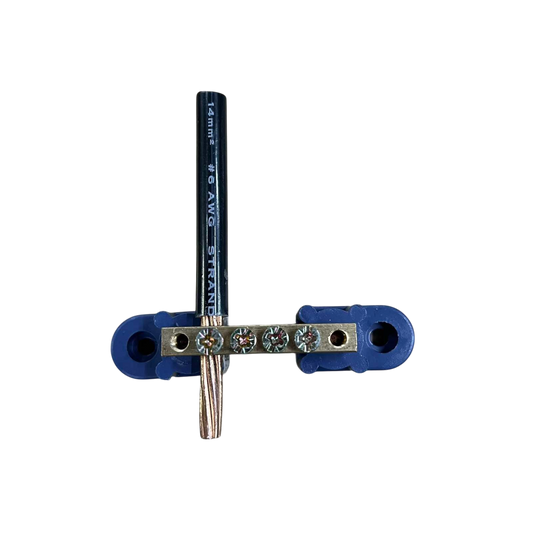 Grippes Bus Bars 4 Holes 6x9 brass terminal strip with blue insulated mounts and four screw connections