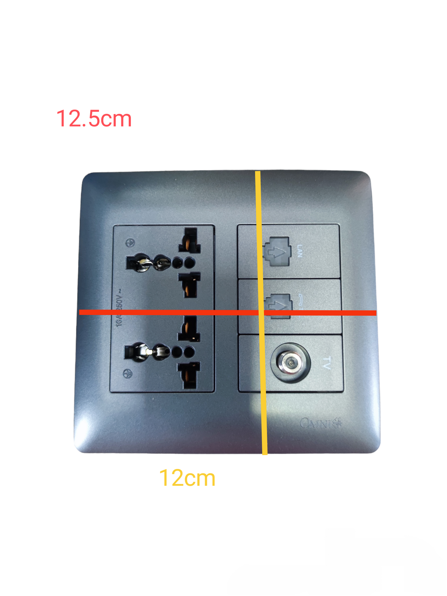Omni universal duplex outlet with LAN and TV port in a sleek gray square panel