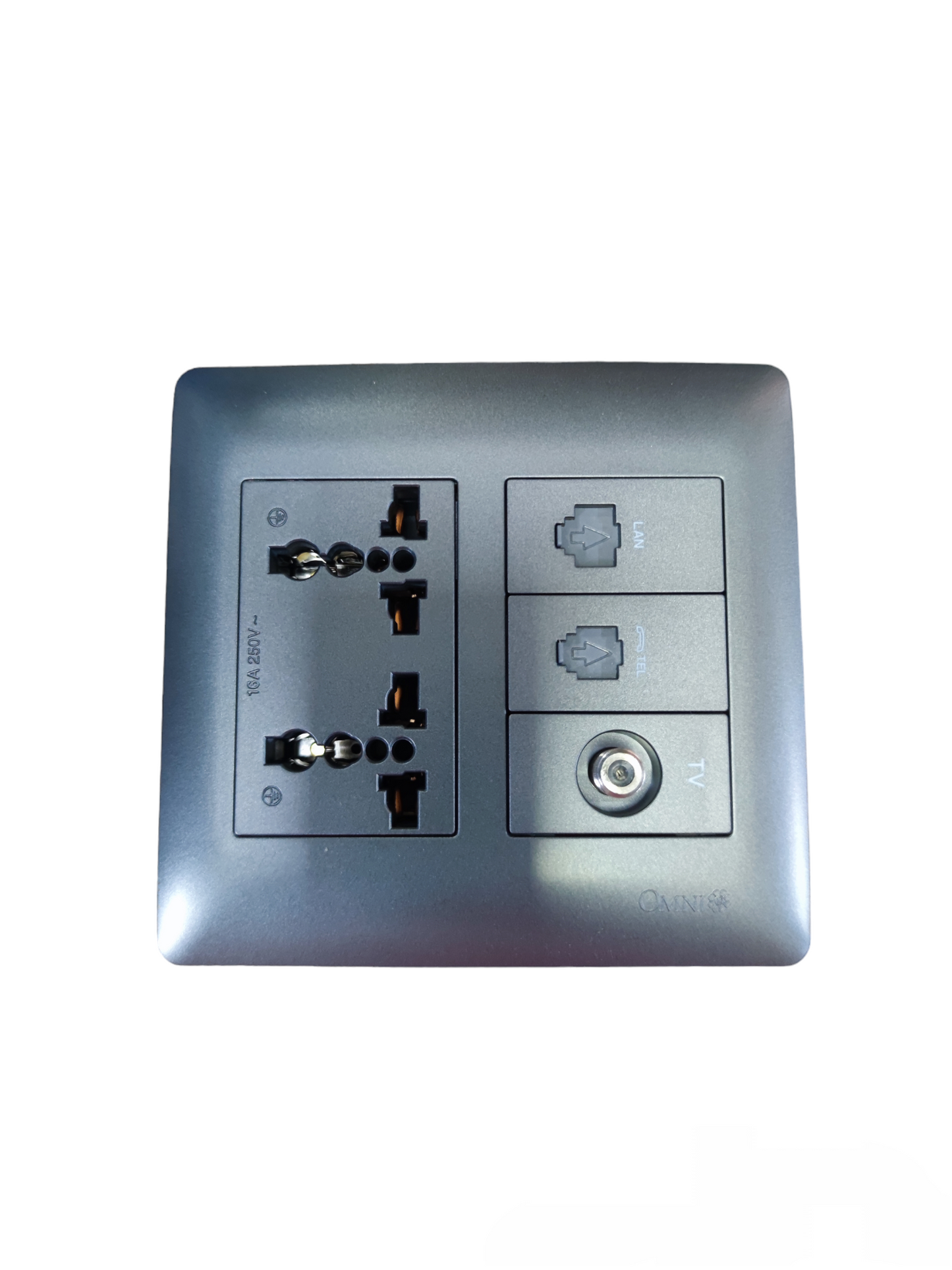 Omni universal duplex outlet with LAN and TV ports in a sleek gray wall plate for power and connectivity