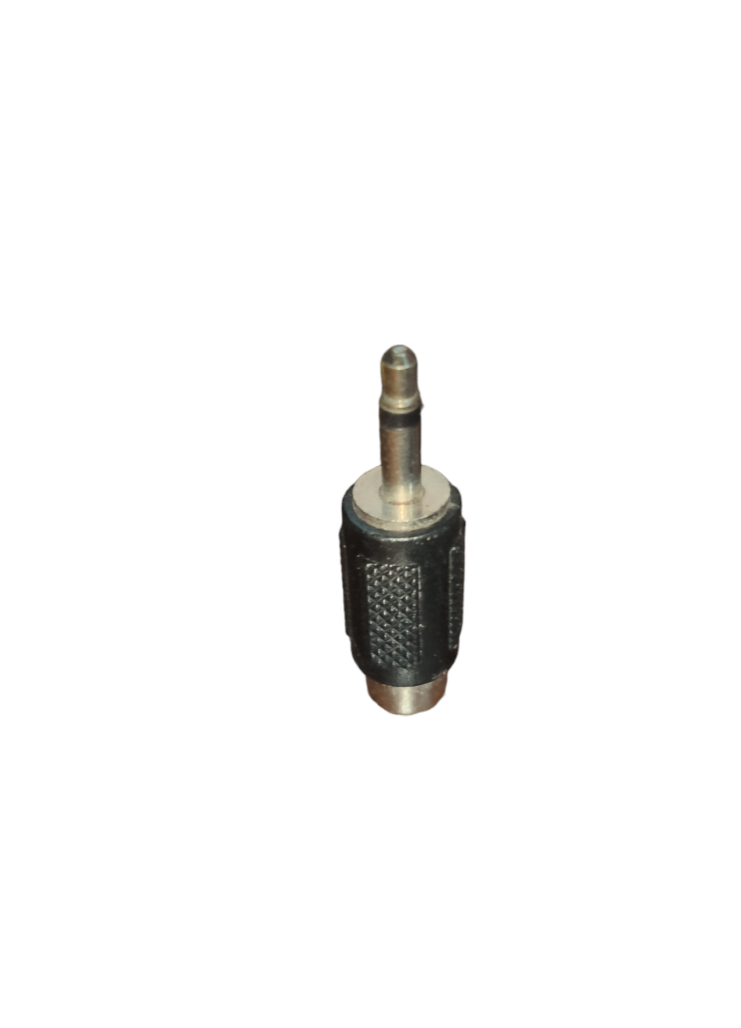Mono Plug to RCA Jack Adaptor metal three and a half millimeter mono to RCA female with black knurled grip for microphones