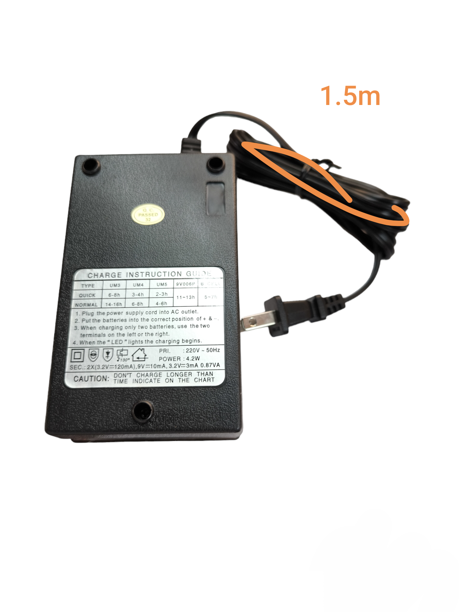 Universal Ni-Cd battery charger with power cord and detailed charging instructions label