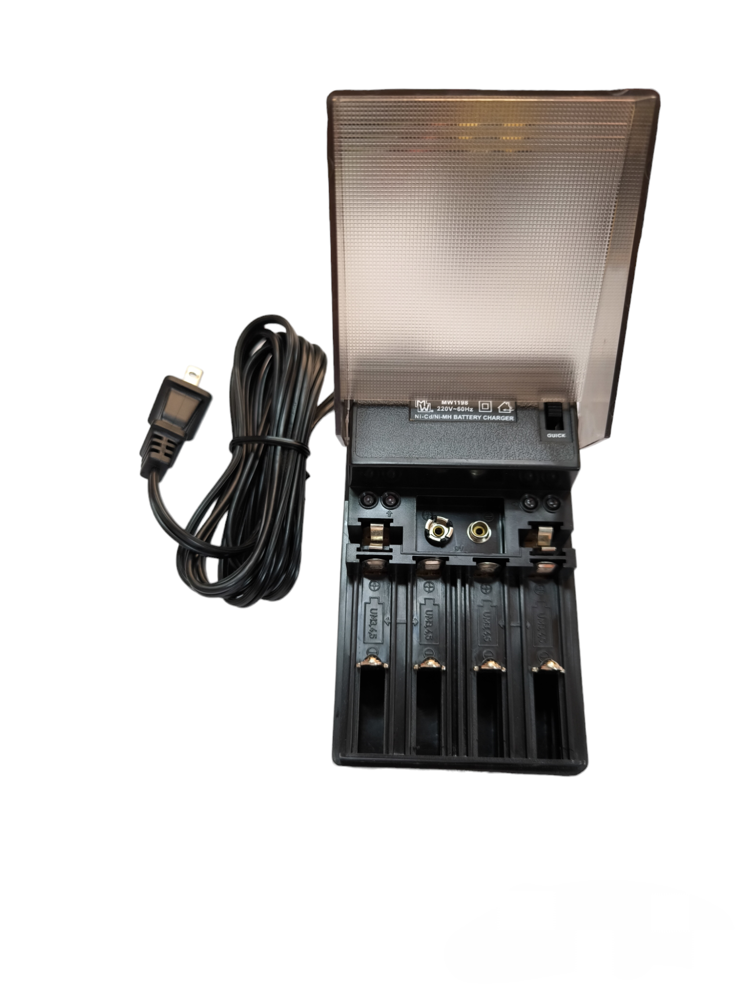Universal Ni-Cd battery charger with four slots and power cord for rechargeable batteries