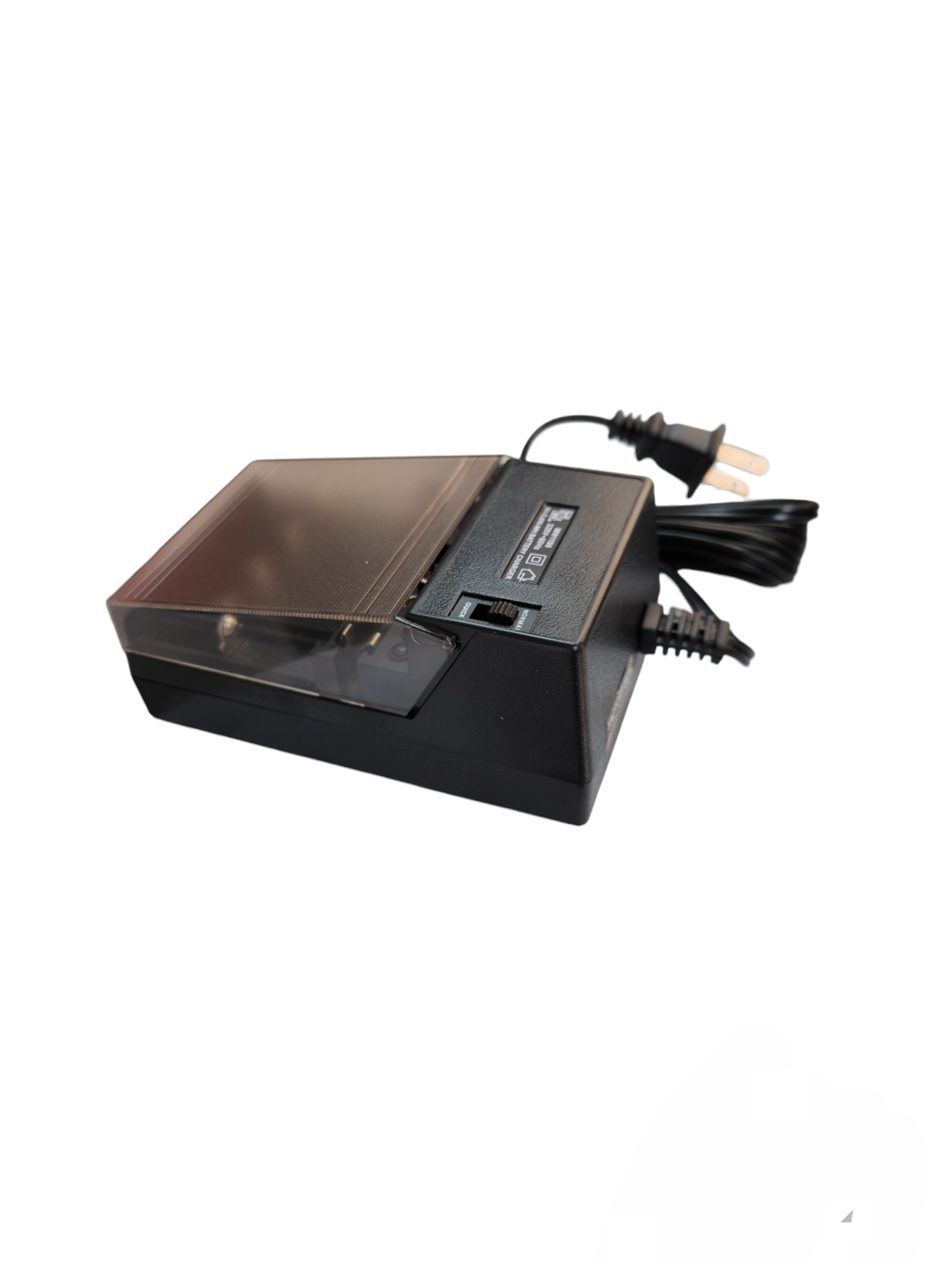 Black universal Ni-Cd battery charger with power cord and plug for rechargeable batteries