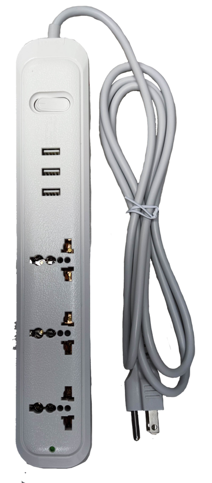 Omni universal outlet power strip with USB ports and long white cord for multiple device connections