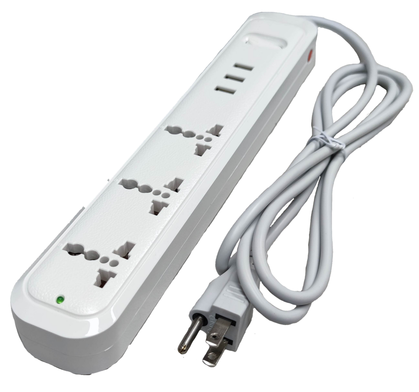 Omni universal outlet power strip with USB in white featuring multiple sockets and a long power cord