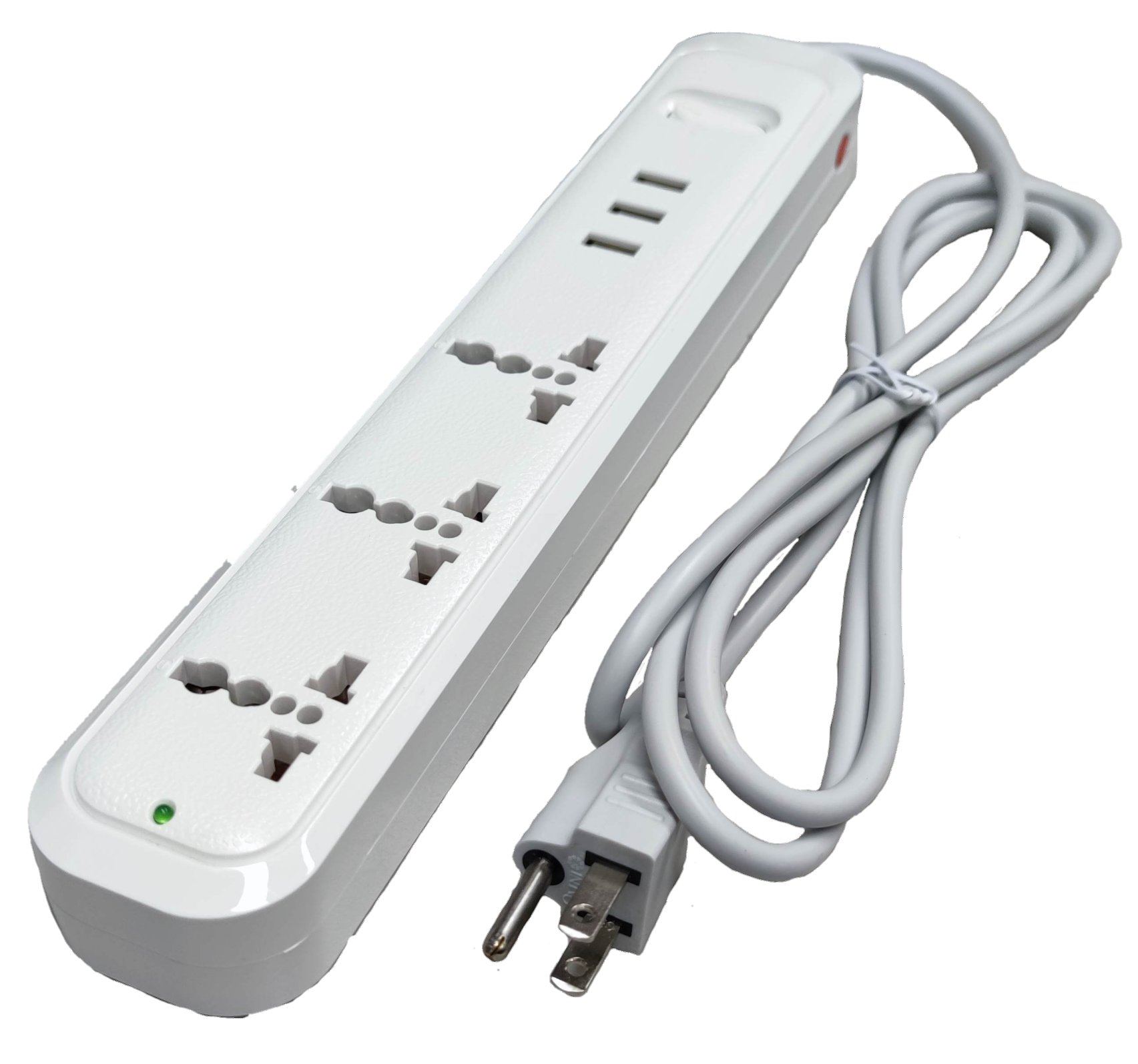 Omni universal outlet power strip with USB in white featuring multiple sockets and a long power cord