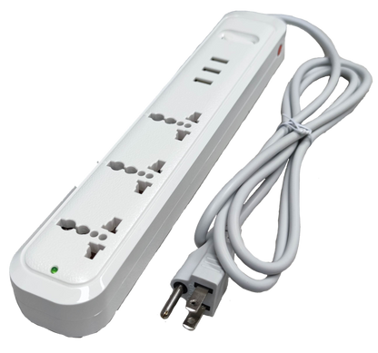 Omni universal outlet power strip with USB in white featuring multiple sockets and a long power cord