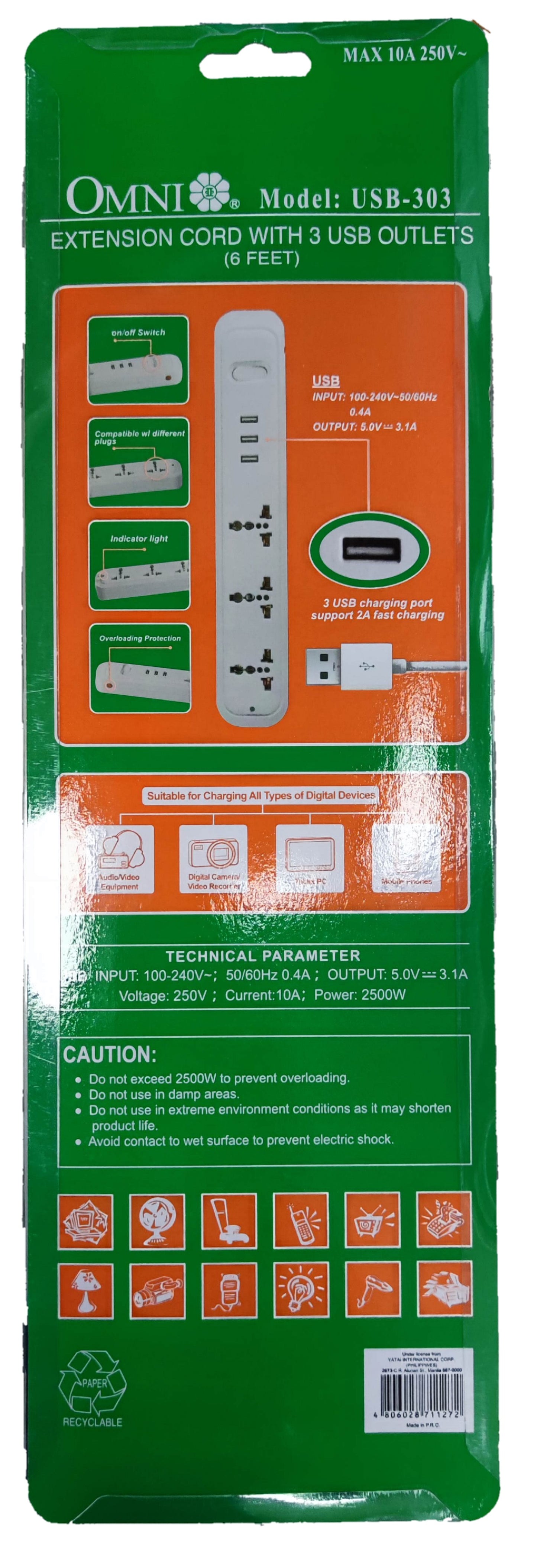 Omni universal outlet power strip with USB extension cord featuring three USB outlets and safety protections