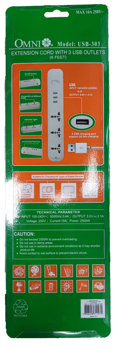 Omni universal outlet power strip with USB extension cord featuring three USB outlets and safety protections